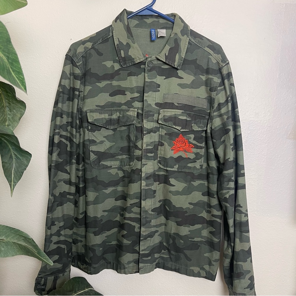 H&M Green Camouflage Shirt with Red Embroidery